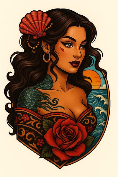 Glamorous Mermaid Tattoo by the Sea