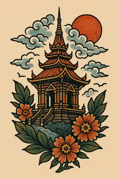 Illustrative Asian Temple with Floral Elements and Sunset