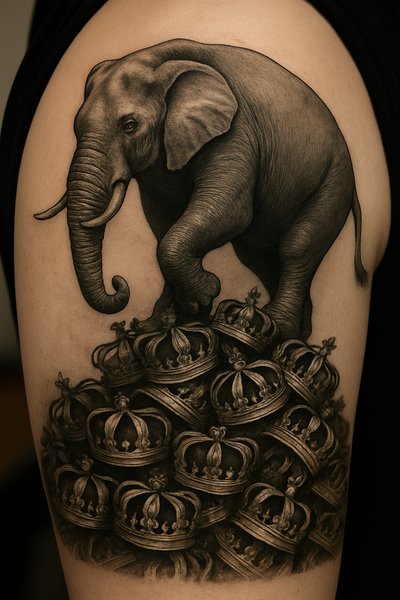 Intricate Elephant Tattoo Design with Crowns