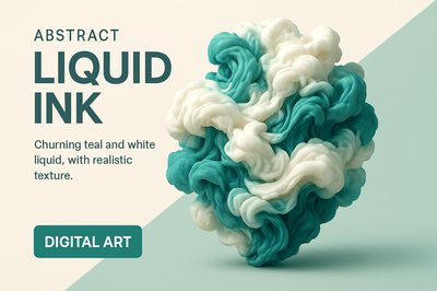 Dynamic Ink Fusion: Teal and White Liquid Art