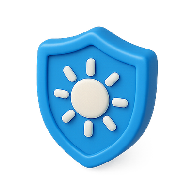 Stylized Blue Shield Icon with Sun Design