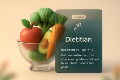 3D Dietitian Illustration with Fresh Produce and Services Card