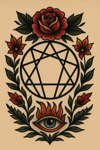 Colorful tattoo-style illustration of an eye with floral elements