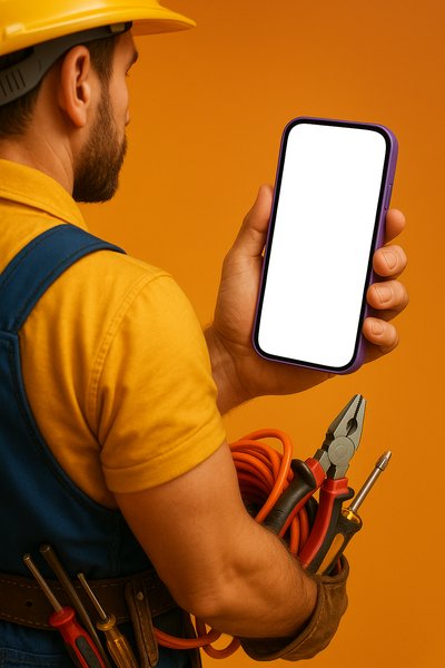 Electrician Holding Purple Phone Against Orange Background