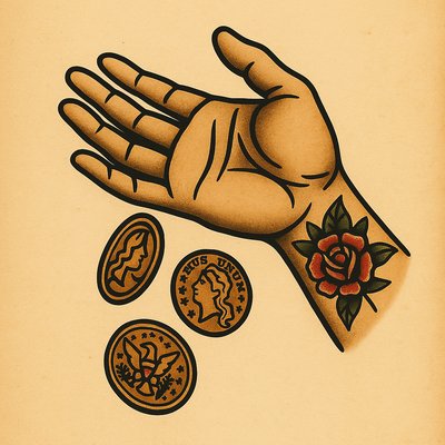 Hand Releasing Old Coins with Tattoo Design