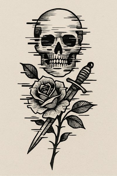 Artistic illustration of a skull, rose, and dagger