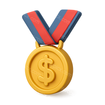 3D Dollar Sign Medal Icon with Ribbon