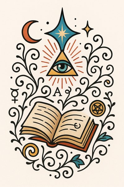Mystical Illustration of an Open Book with Symbolic Elements