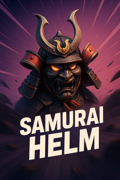 Dynamic Samurai Helm with Bold Typography and Vivid Colors