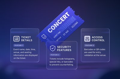3D Concert Ticket Design with Features Display