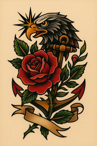 Colorful Traditional Tattoo Design Featuring Eagle and Rose