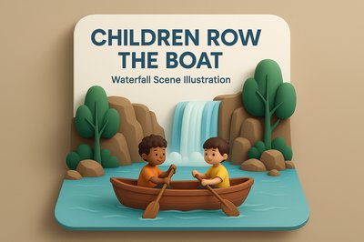Playful Waterfall Illustration Featuring Children Rowing a Boat