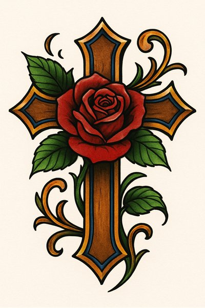 Artistic Illustration of a Cross with a Rose