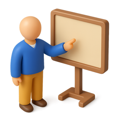 3D Teaching Icon with a Figure Pointing at a Board