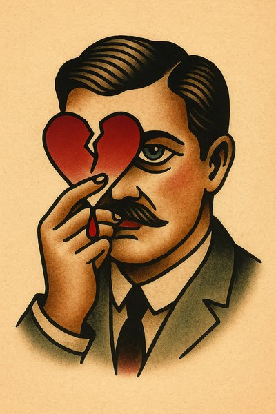 Man Observing Through a Broken Heart Tattoo Design