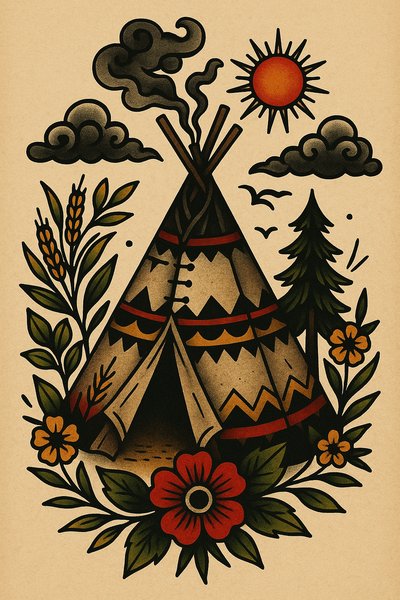 Colorful Illustration of a Teepee Surrounded by Nature