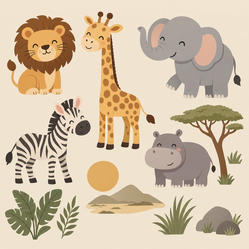 Cute safari animal design elements