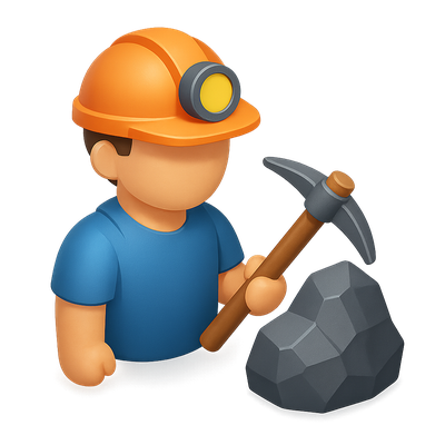 Stylized 3D Miner Icon with Pickaxe and Rock