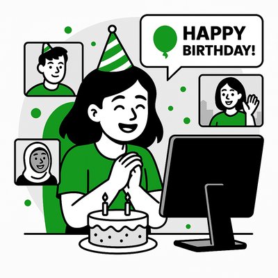 Digital Birthday Celebration Illustration with Remote Participants