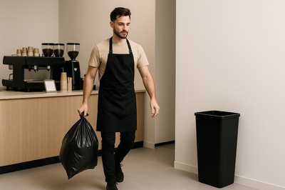 Modern Barista Taking Out Trash in Minimalist Café
