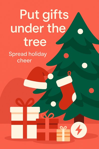 Festive Holiday Graphic Featuring Christmas Tree and Gifts