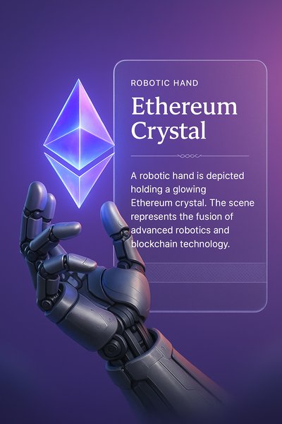 Robotic Hand Holding Glowing Ethereum Crystal Illustration