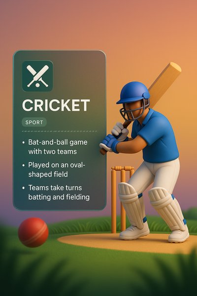 3D Cricket Illustration with Integrated Information Panel