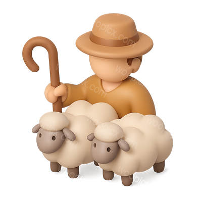 3D Shepherd Icon with Flock of Sheep in Isometric View