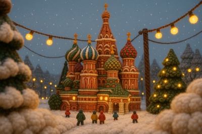 Knitted Church in Snowy Scene with Lights