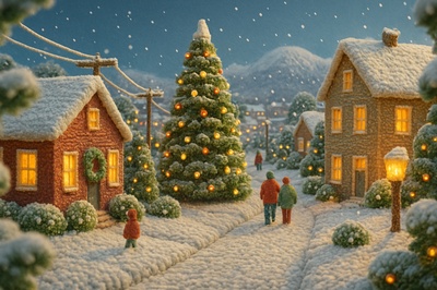 Cozy Knitted Winter Landscape Scene with Holiday Charm