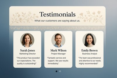 Elegant Testimonial Cards with Floral Frames and 3D Elements