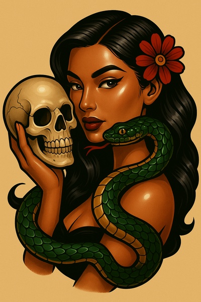 Woman with Skull and Snake in Tattoo Style