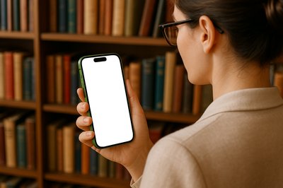 Librarian Holding Phone Among Books in Library