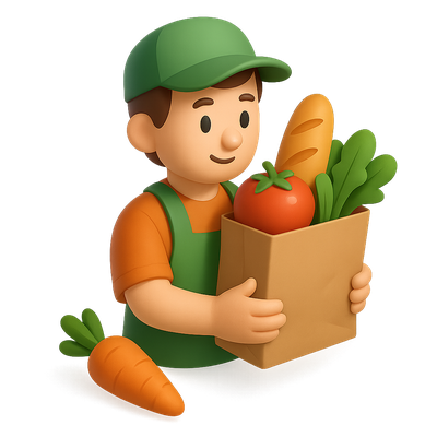 3D Grocer Icon with Fresh Produce and Carton
