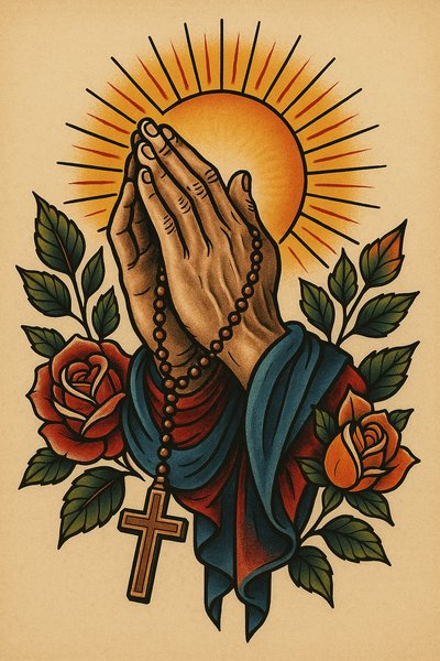Artistic illustration of praying hands with roses and sun