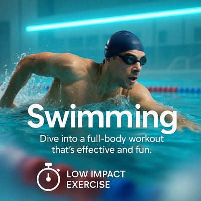 Dynamic Swimming Promotional Image Highlighting Full-Body Workout