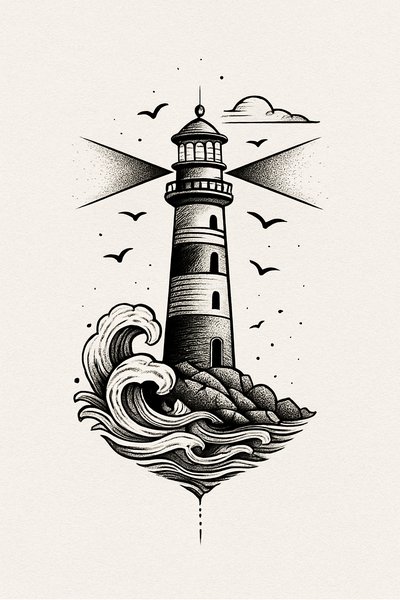 Illustration of a lighthouse amidst waves and birds