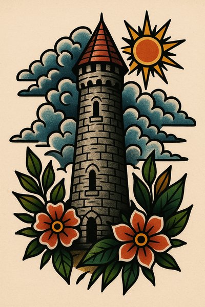 Colorful Tattoo-Style Tower Illustration with Flowers and Sun