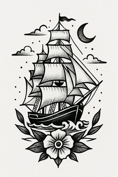 Intricate Black and White Ship Tattoo Design with Floral Elements