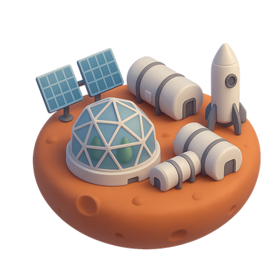 Stylized 3D Mars Colony Concept Icon with Rocket and Solar Panels