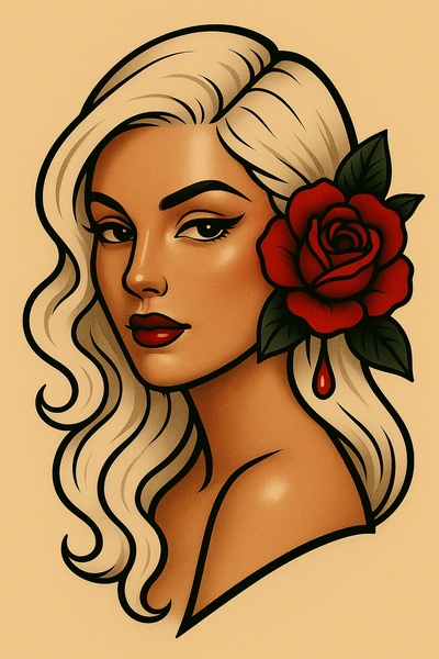 Stylized Portrait of a Woman with a Rose and Blood Droplet