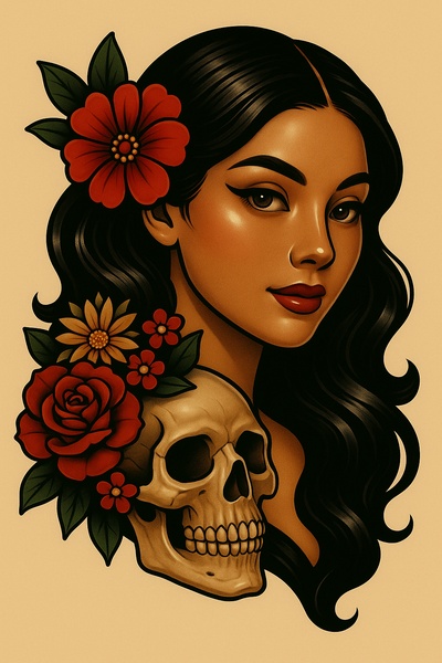 Stylized Tattoo of a Woman with Floral Skull