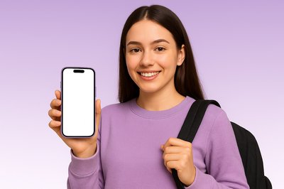 Student Holding a Smartphone with a Purple Background