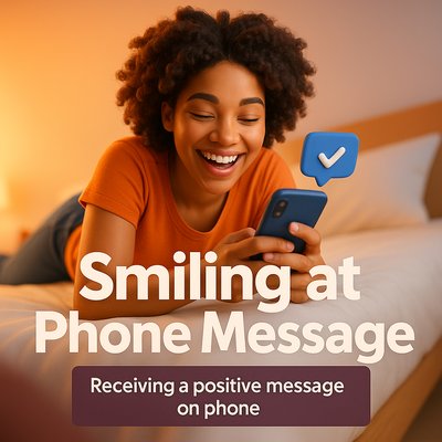 Cheerful person enjoying a phone message in a cozy setting