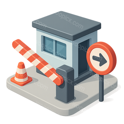 3D Border Crossing Icon with Barrier and Sign