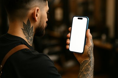 Tattooed Barber Holding Blue Phone Vertically