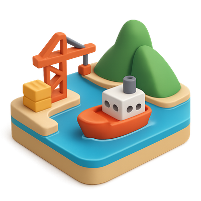 3D Icon of Rio Harbor with Boat and Crane