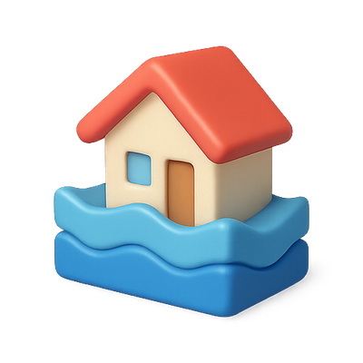3D Render of a House on Water Representing Flooding