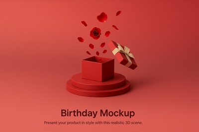Elegant 3D Birthday Mockup with Gift and Rose Petals
