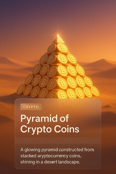 Glowing Pyramid of Crypto Coins in Desert Landscape